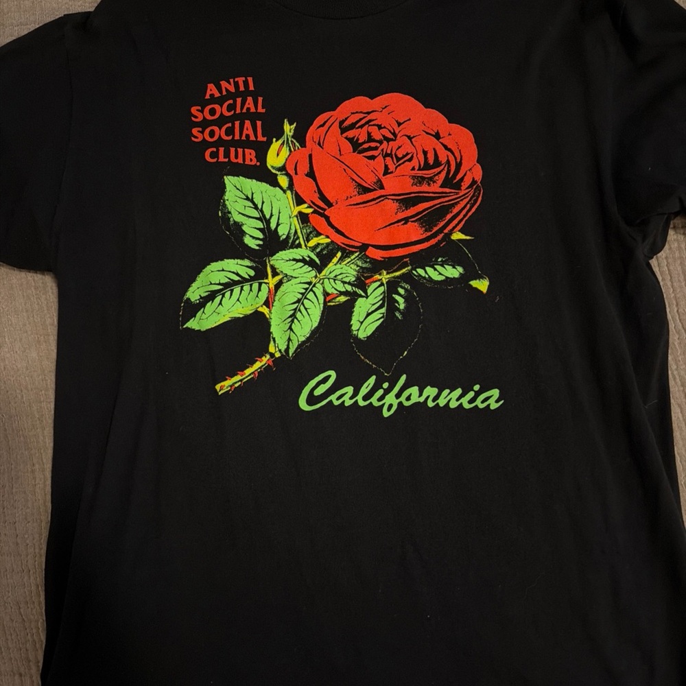 Anti Social Social Club California Black Tee with Red and Green Rose Design